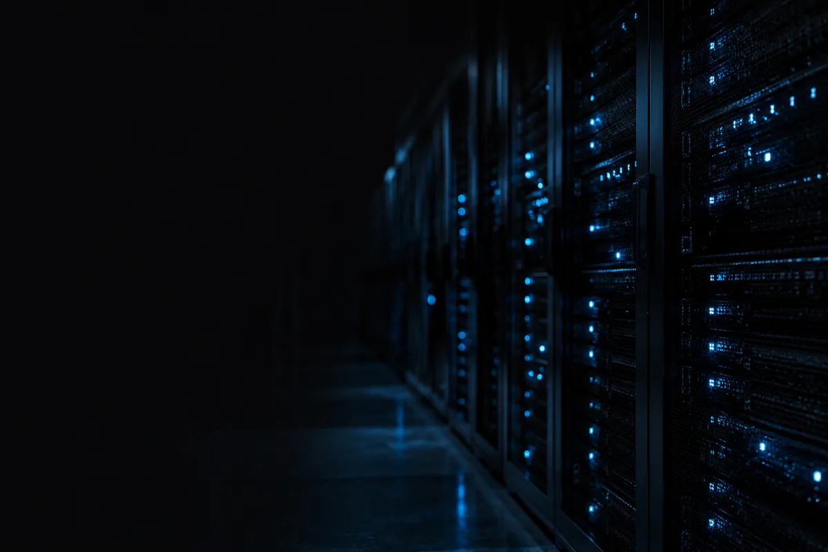 Corredor de rack de servidores no escuro, iluminado pelos LEDs dos próprios equipamentos