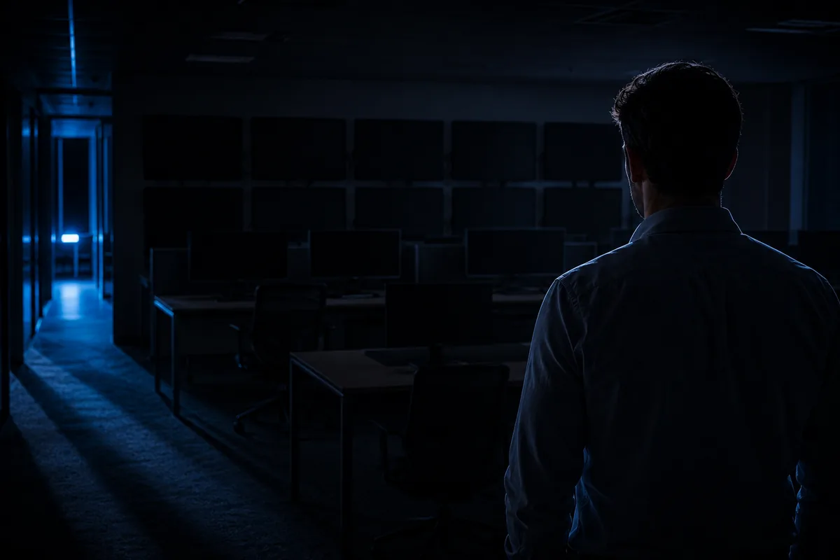 Escritório vazio à noite, monitores apagados, luz fria vindo do corredor