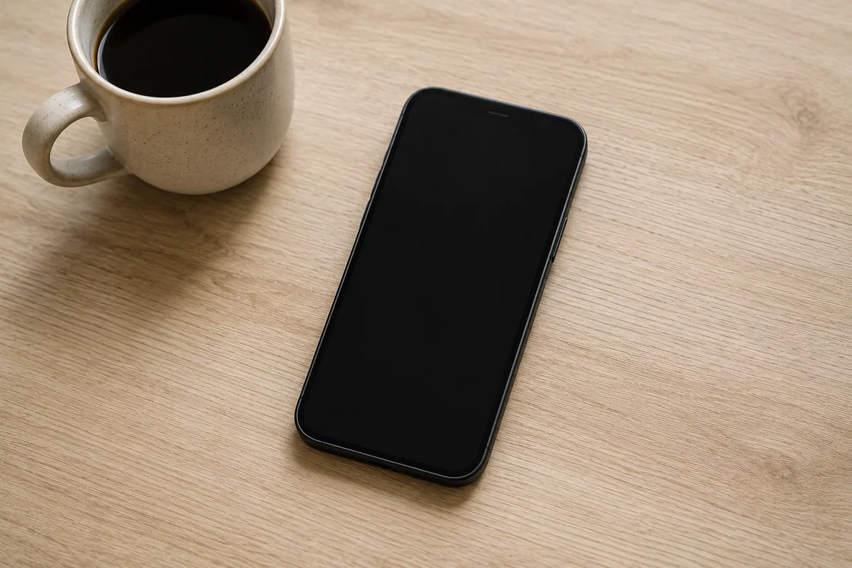 Celular apoiado sobre a mesa, com a tela apagada