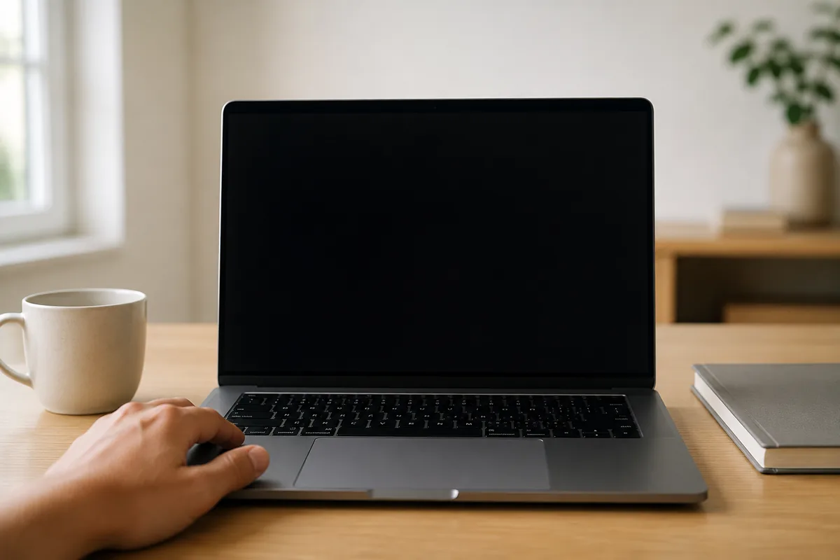 Notebook aberto sobre a mesa, com a tela apagada