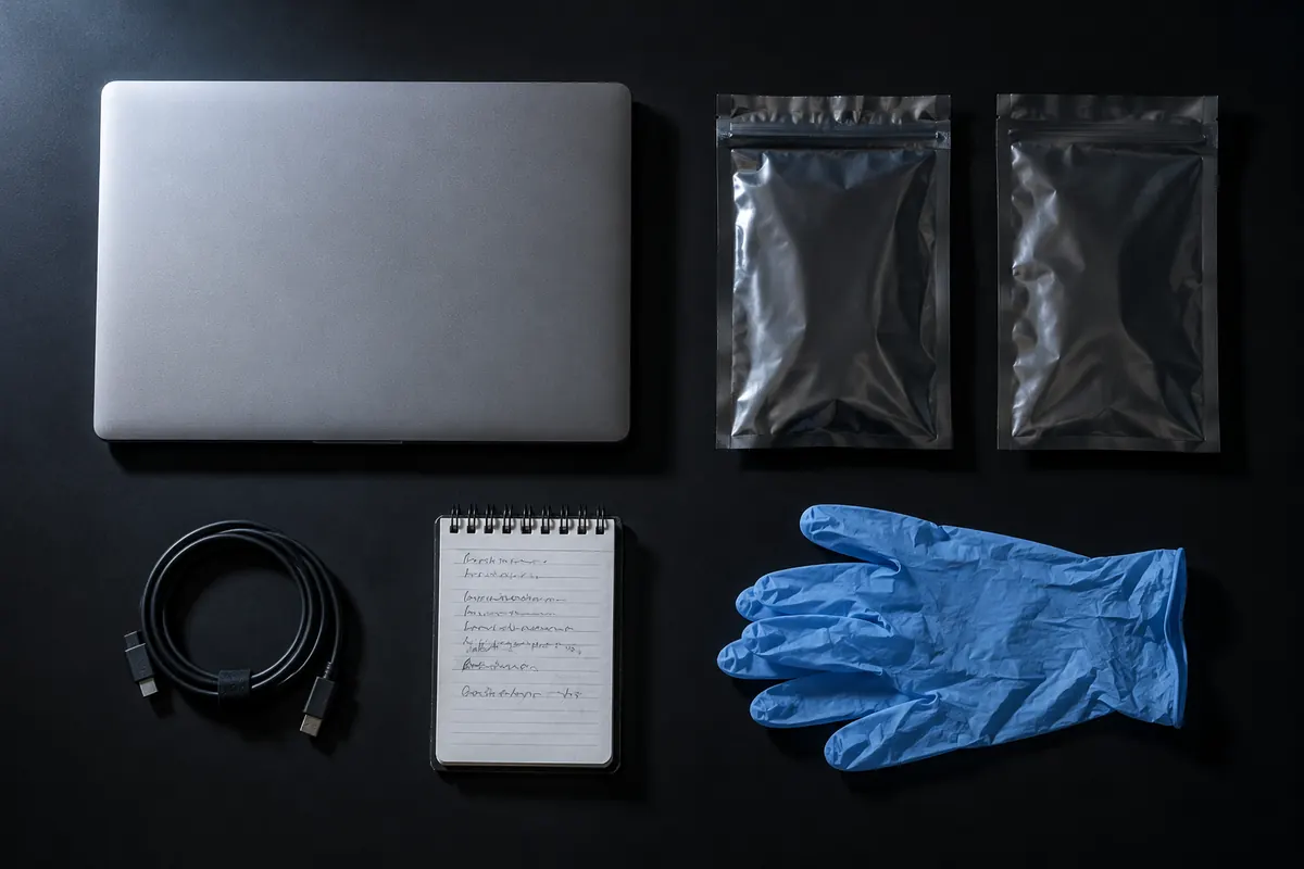 Bancada de exame vista de cima: notebook fechado, cabo enrolado, dois sacos de evidência lacrados, caderno de anotações e um par de luvas descartáveis