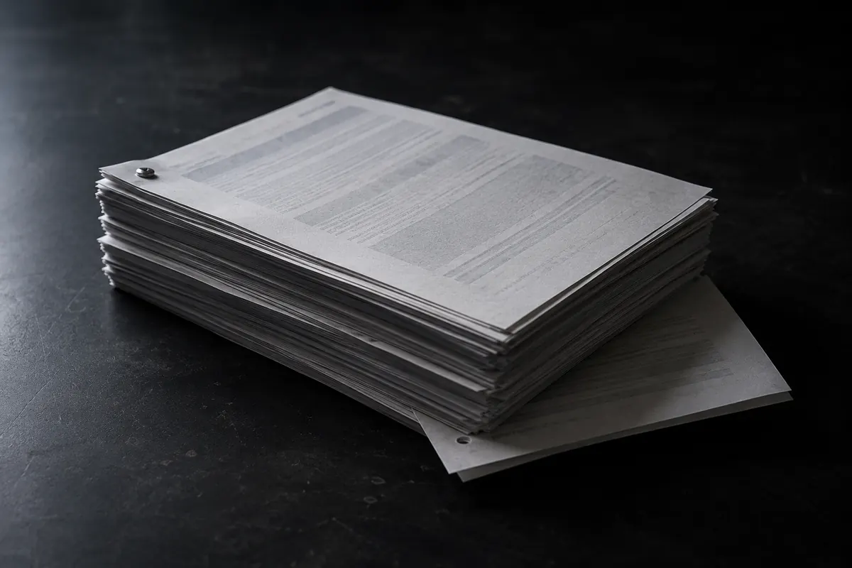 Pilha alta de documentos impressos e grampeados sobre uma mesa escura, com o texto fora de foco